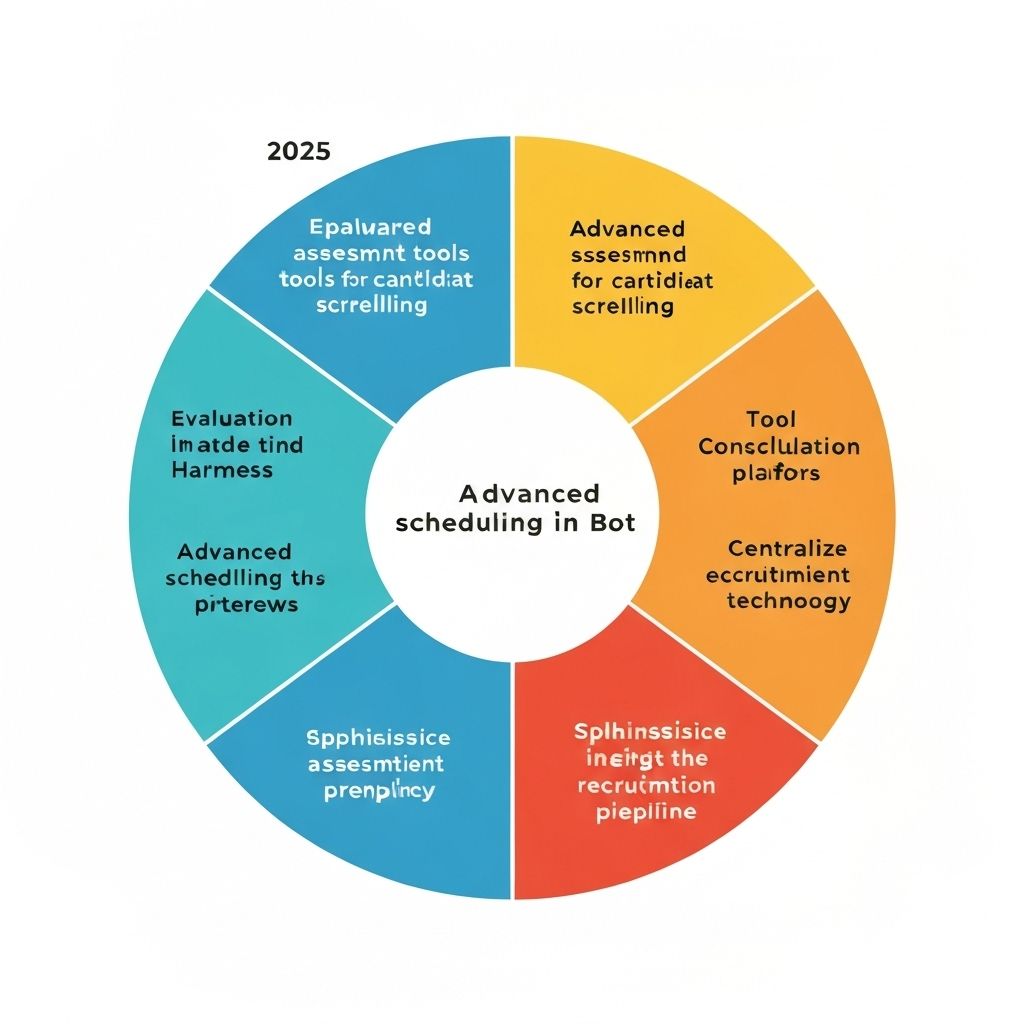 Infographic: AI Recruiting 2025 predictions wheel covering evals, scheduling, consolidation, and analytics.