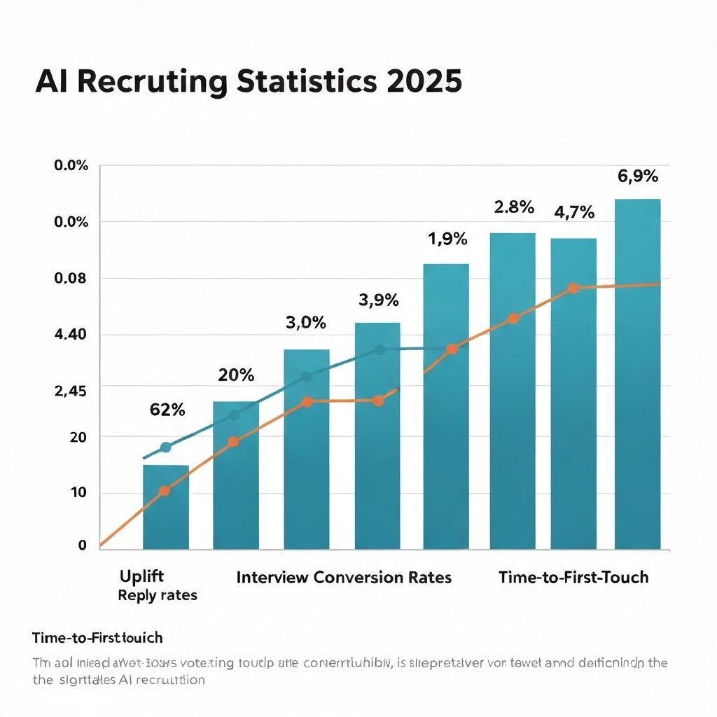 Chart of AI Recruiting 2025 statistics: reply rate uplift, interview conversion, time-to-first-touch improvements.
