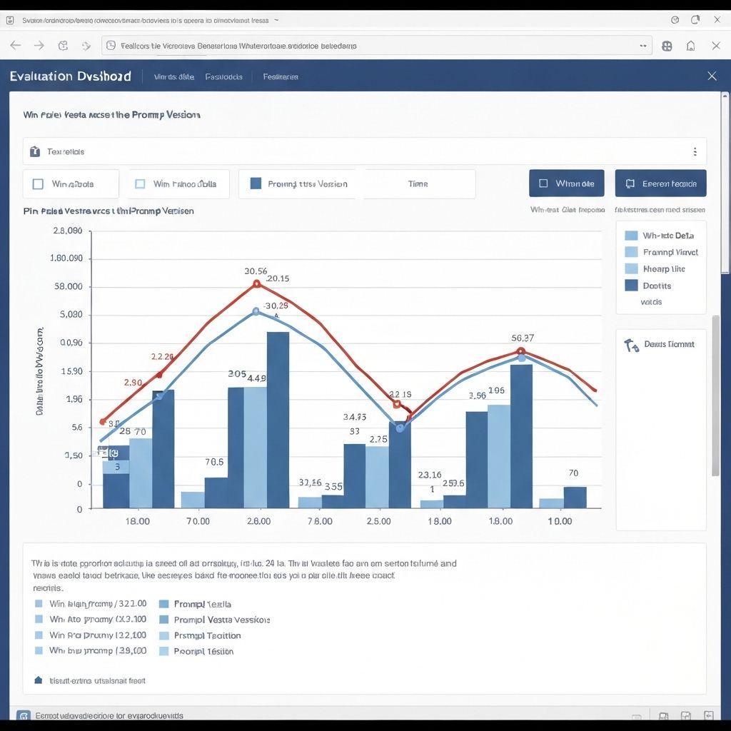 Screenshot: evaluation dashboard with prompt versions and win-rate deltas