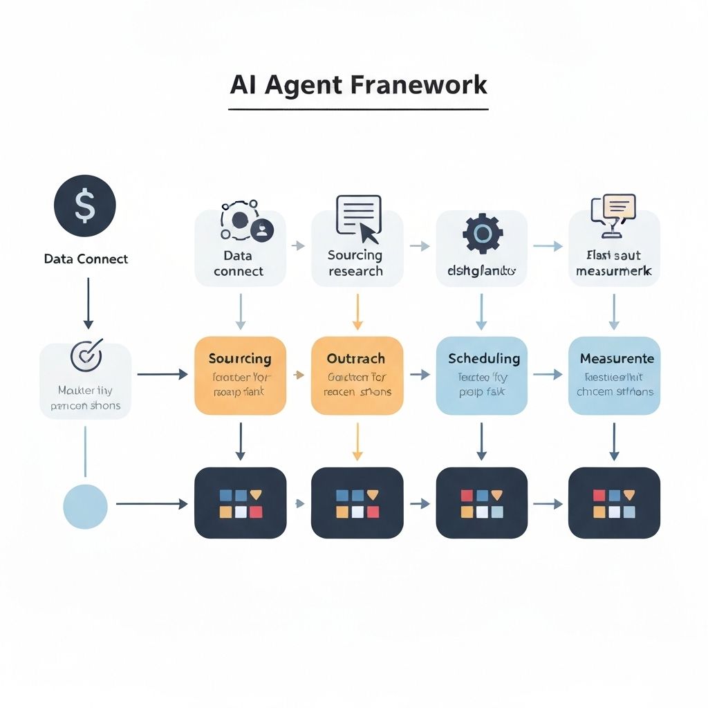 Workflow swimlane: data connect, sourcing agent research, outreach, scheduling, measurement