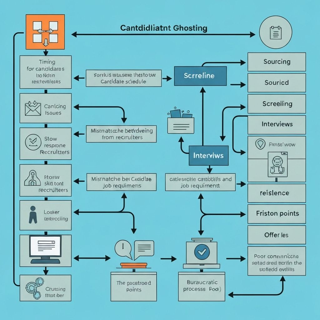 Diagram: causes of candidate ghosting—timing, relevance, friction—and where the process breaks.