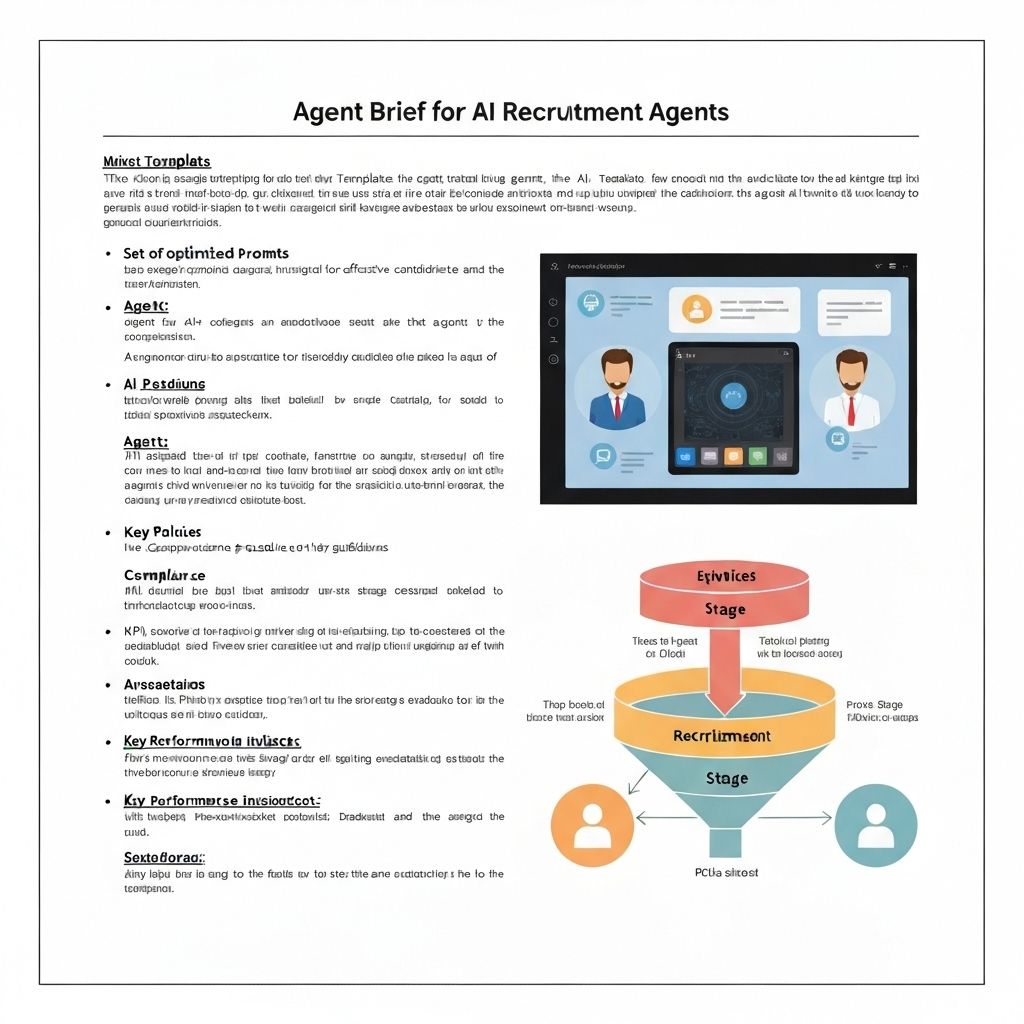 Screenshot: agent brief template with prompts, tools, policies, and KPIs.