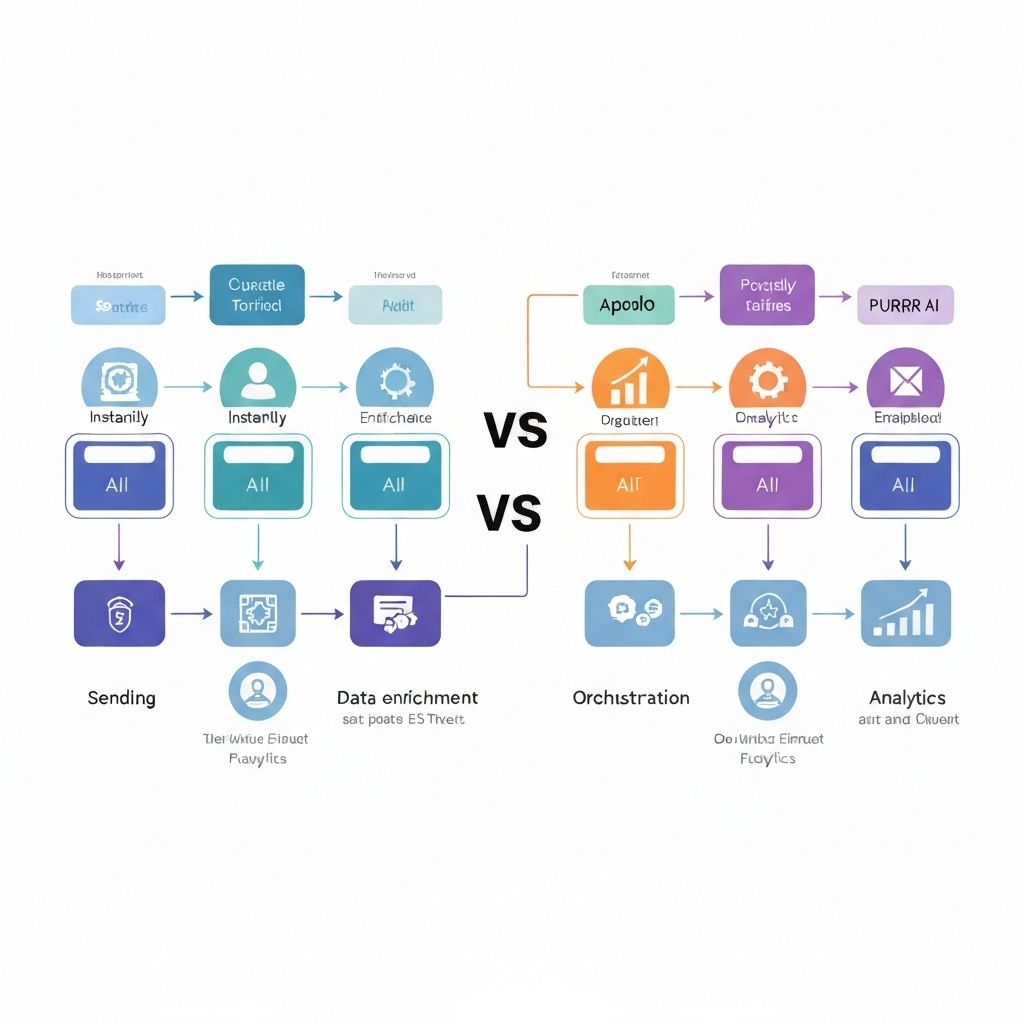 Diagram mapping Instantly, Apollo, and PURRR AI to sending, data, orchestration, and analytics capabilities.