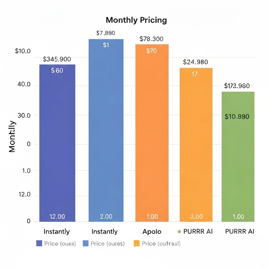 Bar chart comparing monthly pricing for Instantly, Apollo, and PURRR AI.