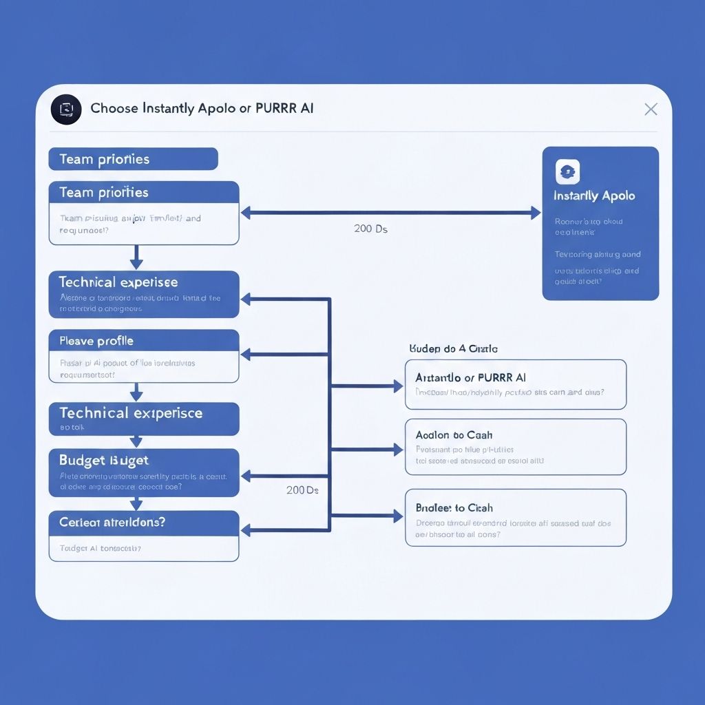 Decision tree guiding choice between Instantly, Apollo, and PURRR AI based on needs.